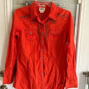 Ariat Vibrant Orange Western Shirt snap front Cuffs Embroidered Beads Rodeo